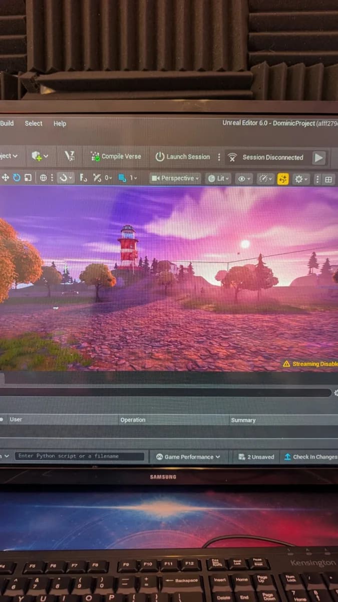 EARTH SCHOOL in the UEFN editor, showing a lighthouse beneath a purple and pink sunset