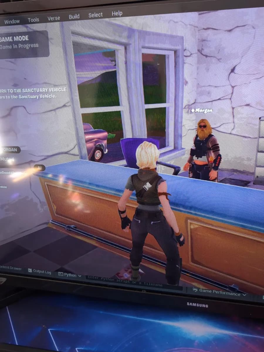 EARTH SCHOOL gameplay showing the player avatar facing Morgan across a blue counter